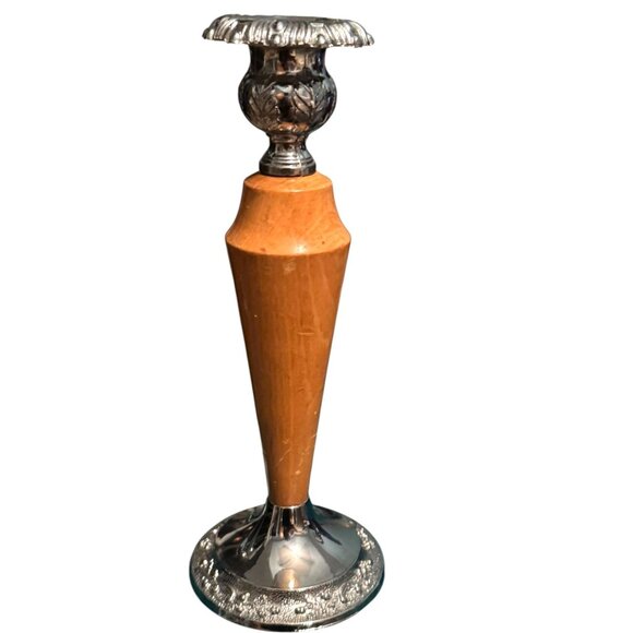 Pair Of Vintage English Silver Plate & Wood 8" Tall Candle Holders - Picture 6 of 9